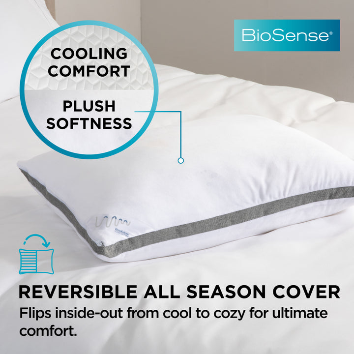 BioSense pillow with text highlighting cooling comfort, plush softness, and reversible all-season cover features.
