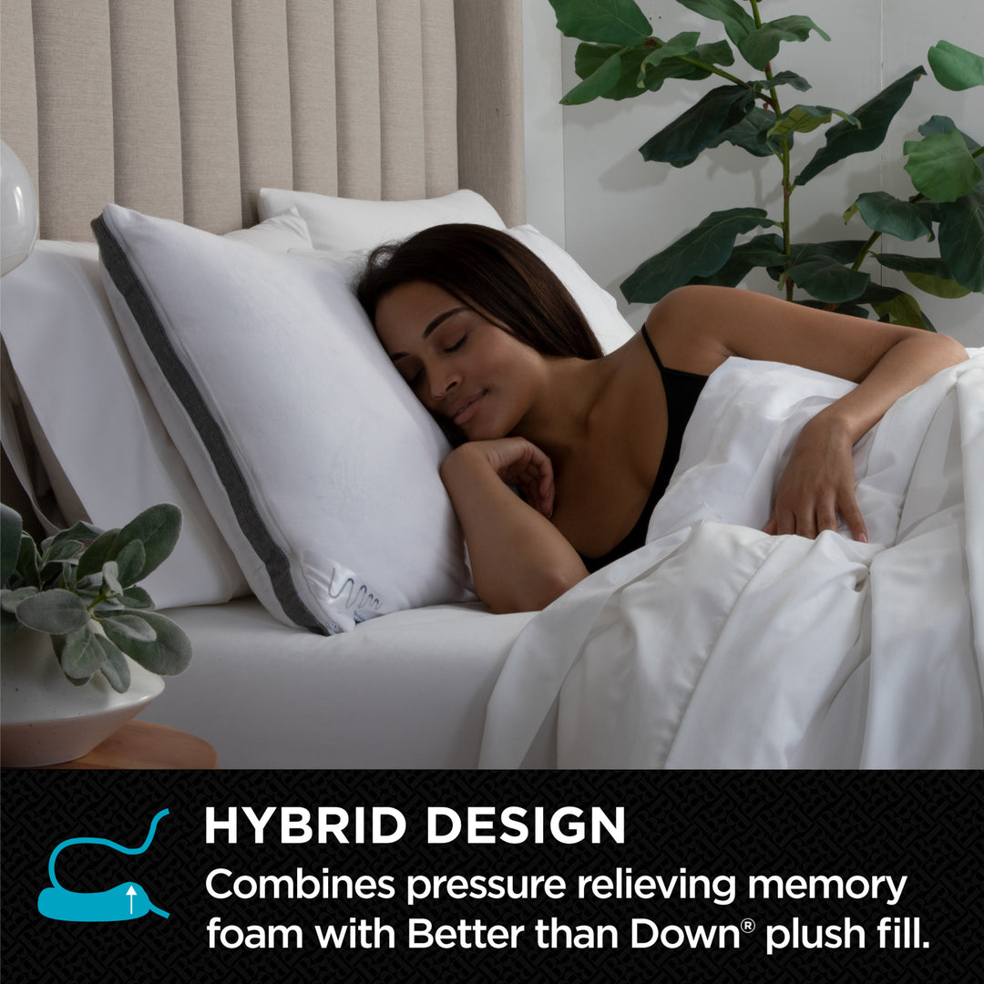 Woman sleeping on a bed with a hybrid design pillow and mattress, surrounded by plants.
