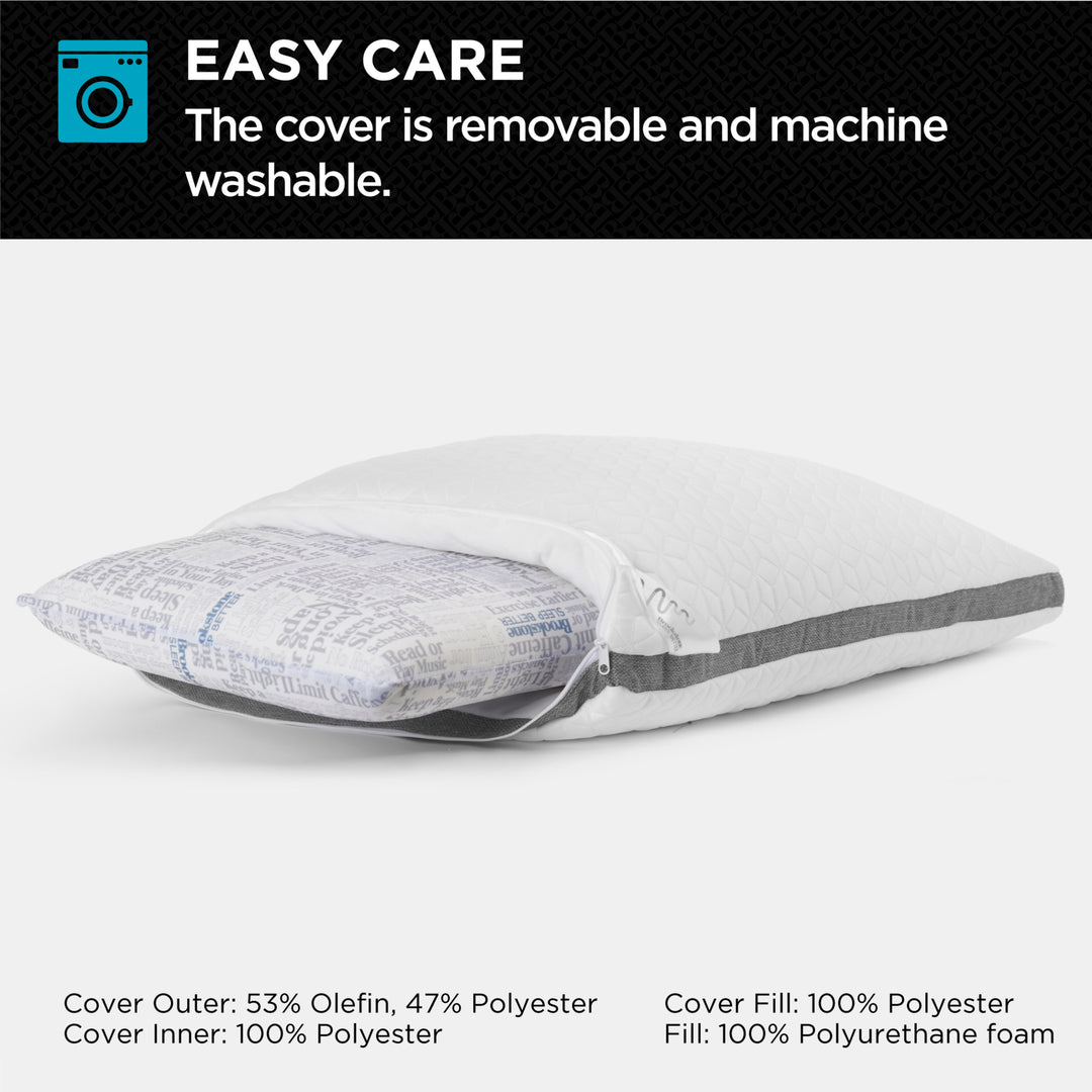 Pillow with text about easy care and machine washability on a white background