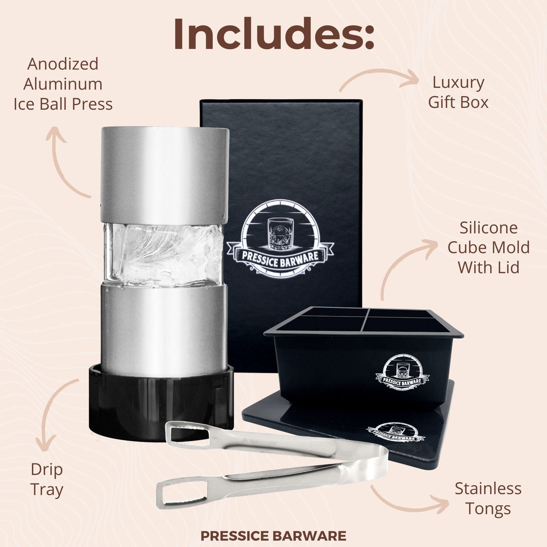 Pressice Barware ice ball press, ice sphere maker set with ice ball press, silicone cube mold, tongs, and gift box on a beige background.