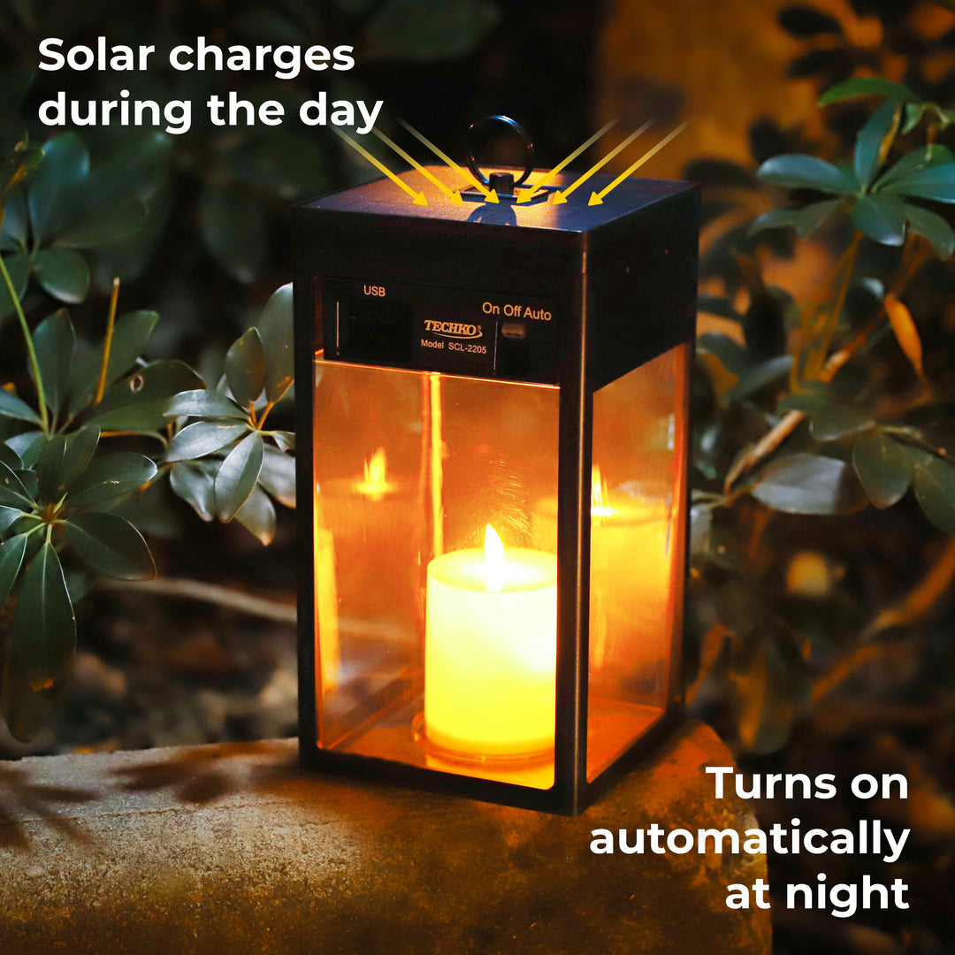 Solar Modern Candle Lantern - Large W/ Hanging Hook