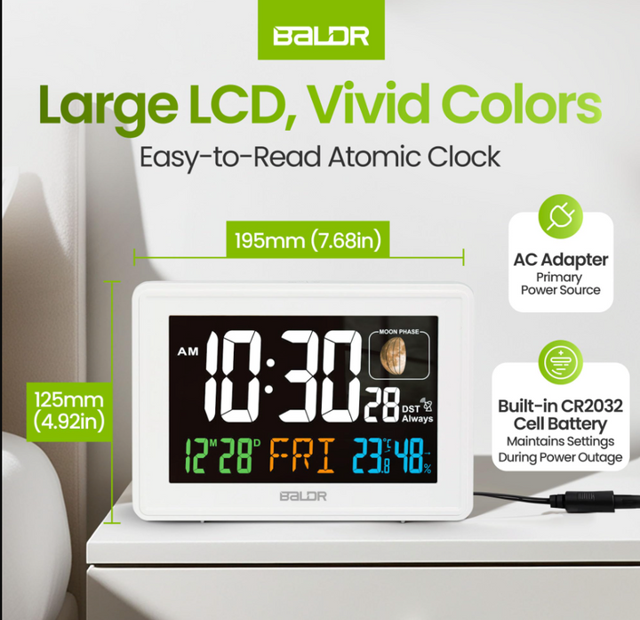 BALDR Atomic Alarm Clock – Large Digital Desk Clock with Thermometer, Humidity & Moon Phase Display