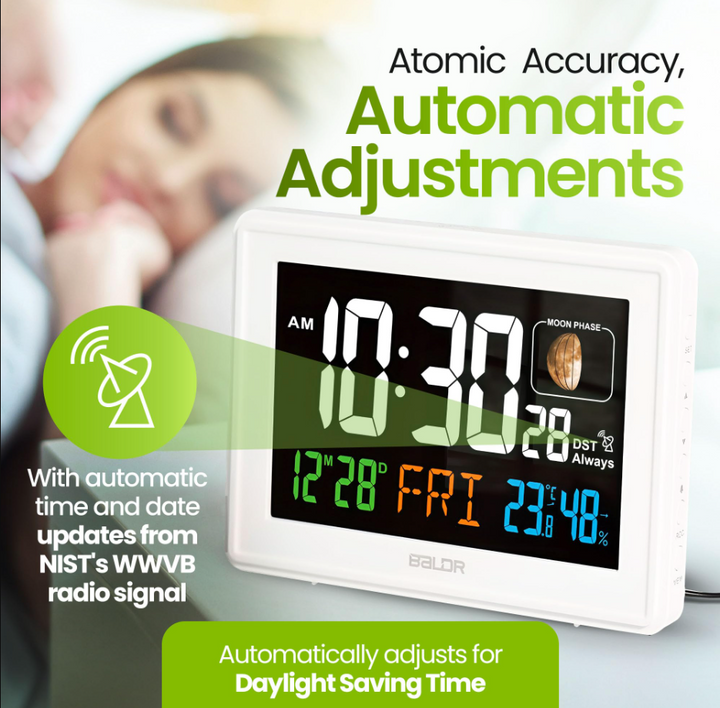 BALDR Atomic Alarm Clock – Large Digital Desk Clock with Thermometer, Humidity & Moon Phase Display