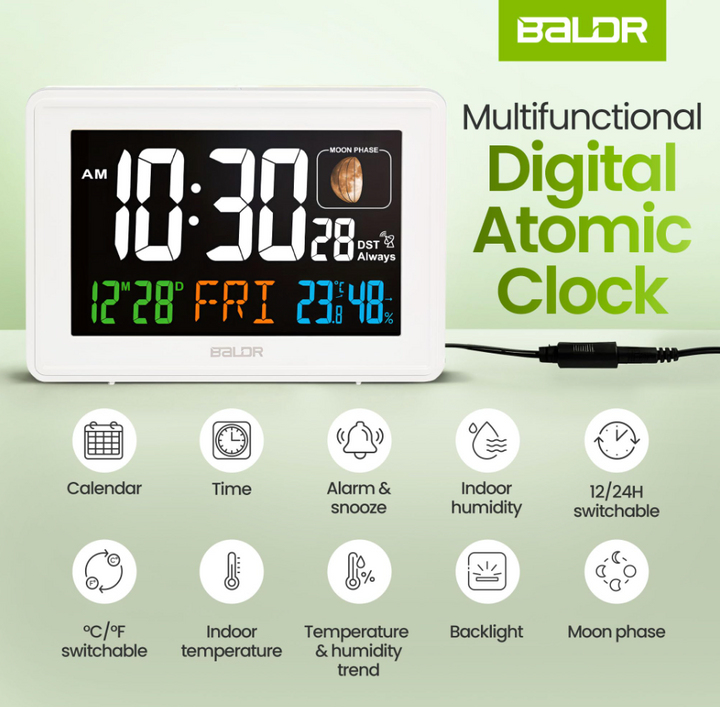 BALDR Atomic Alarm Clock – Large Digital Desk Clock with Thermometer, Humidity & Moon Phase Display