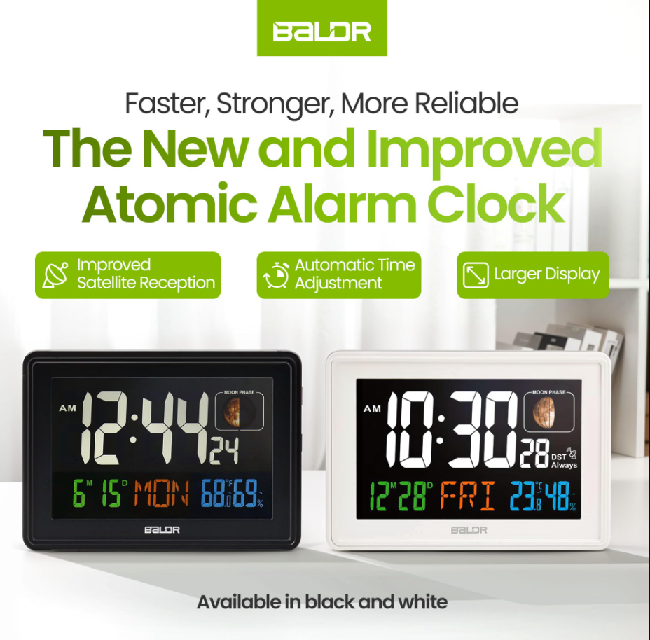 BALDR Atomic Alarm Clock – Large Digital Desk Clock with Thermometer, Humidity & Moon Phase Display