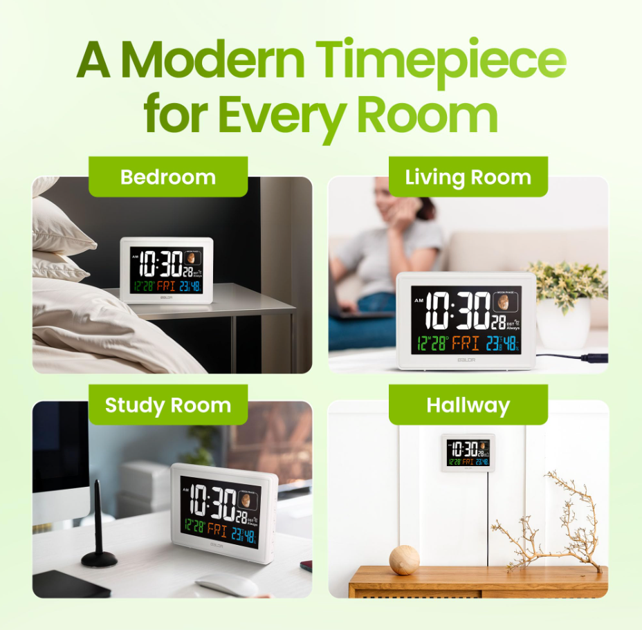 BALDR Atomic Alarm Clock – Large Digital Desk Clock with Thermometer, Humidity & Moon Phase Display