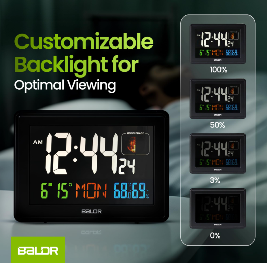 BALDR Atomic Alarm Clock – Large Digital Desk Clock with Thermometer, Humidity & Moon Phase Display