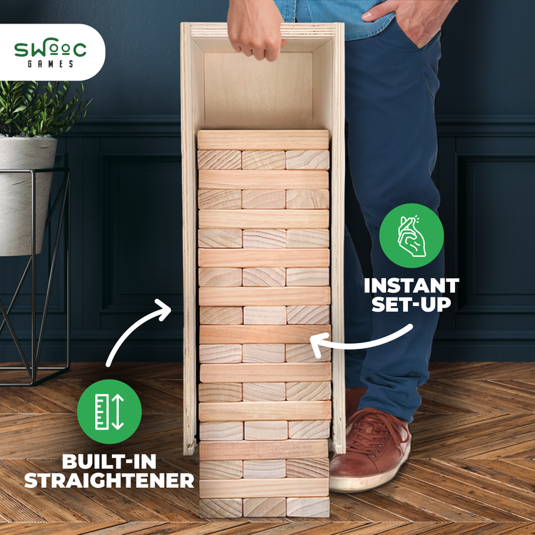 Giant Tower Game w/ Straightener, Table & Storage Box by Swooc Games