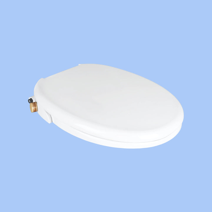 3/4 view closed lid, TUSHY Oasis with a bamboo control knob, on a blue background.