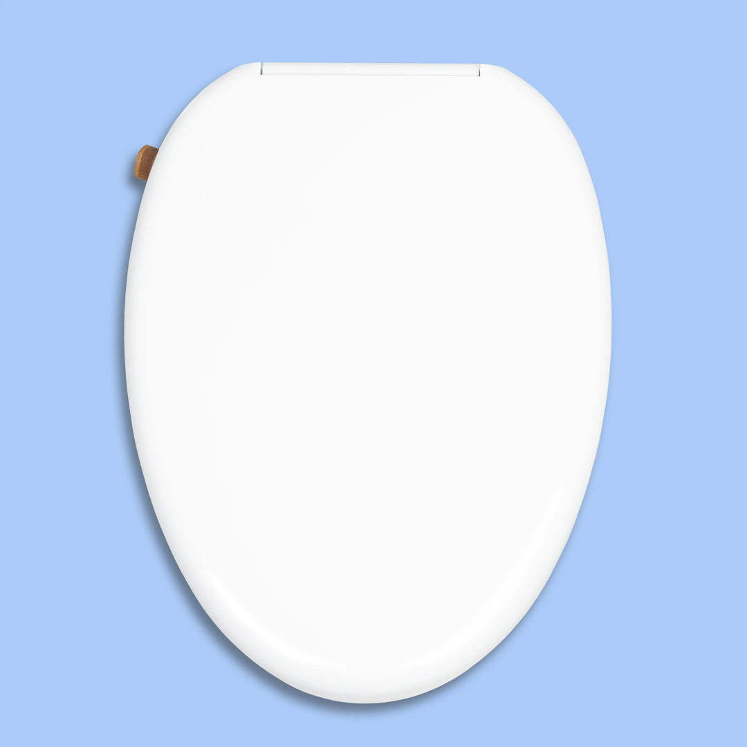 Top down, closed lid, elongated TUSHY Wave with a bamboo control knob, on a blue background.