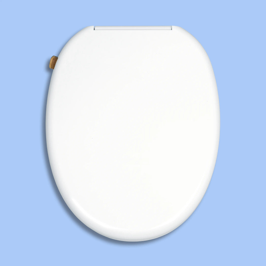 Top down, closed lid, round TUSHY Wave with a bamboo control knob, on a blue background.