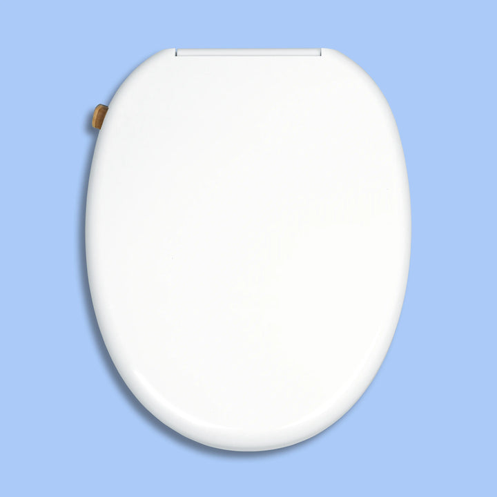 Top down, closed lid, round TUSHY Wave with a bamboo control knob, on a blue background.