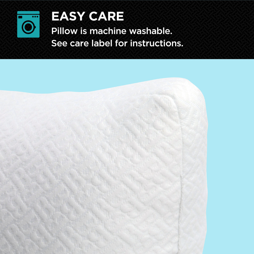 White pillow with text indicating ease of care and machine washability on a blue background