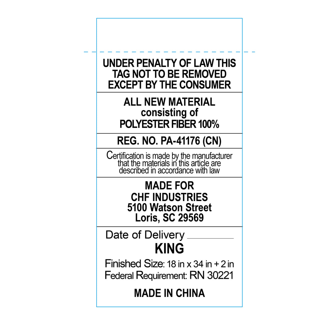 Fabric label with text about material composition, certification, and manufacturing details.