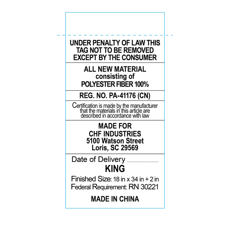 Fabric label with text about material composition, certification, and manufacturing details.