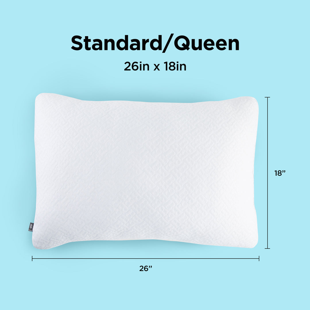 White pillow with dimensions on a light blue background