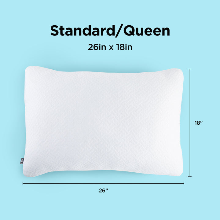 White pillow with dimensions on a light blue background