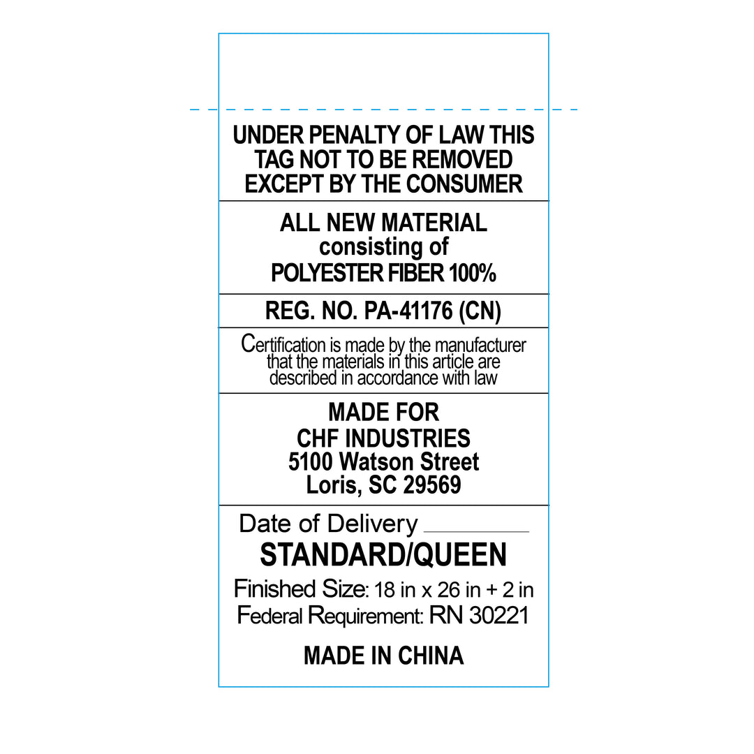 Fabric label with text about material, certification, and dimensions on a white background