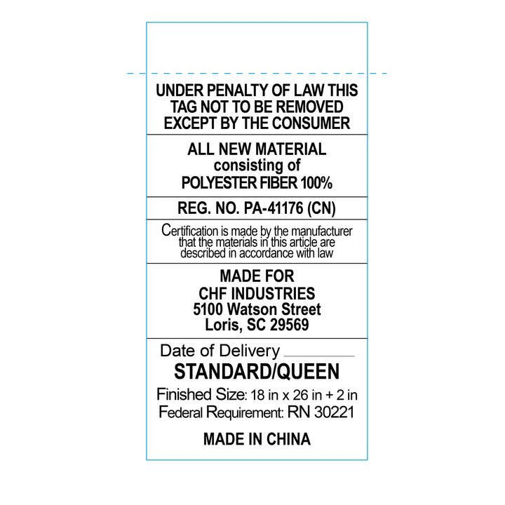 Fabric label with text about material, certification, and dimensions on a white background