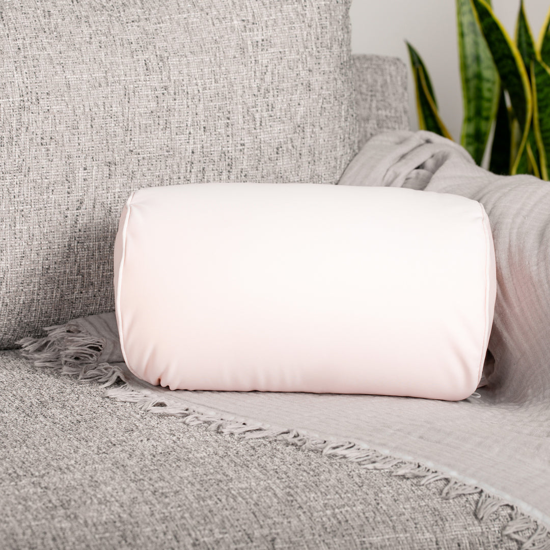 Fun Cushion on a gray couch with a plant in the background