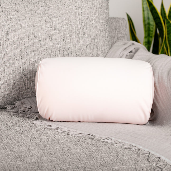 Fun Cushion on a gray couch with a plant in the background