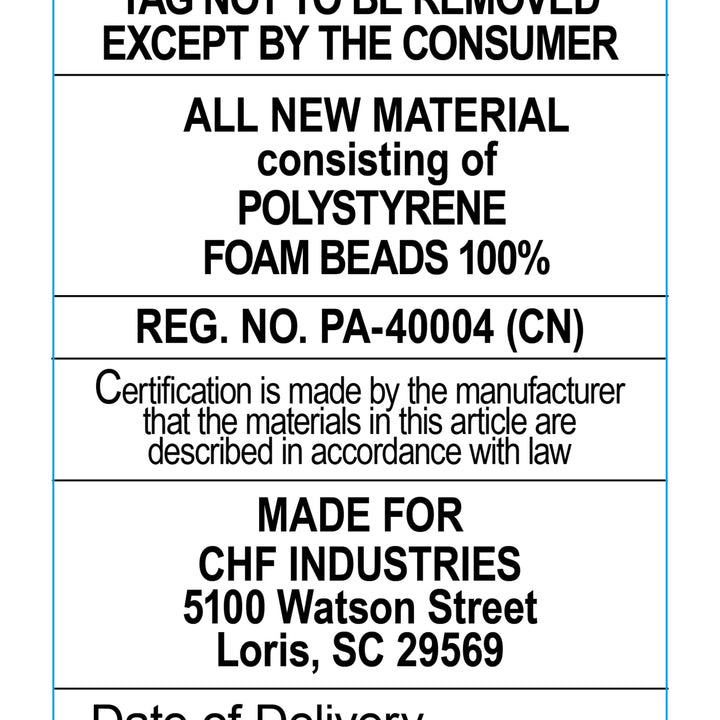 Label with text about polystyrene foam beads and manufacturing details.