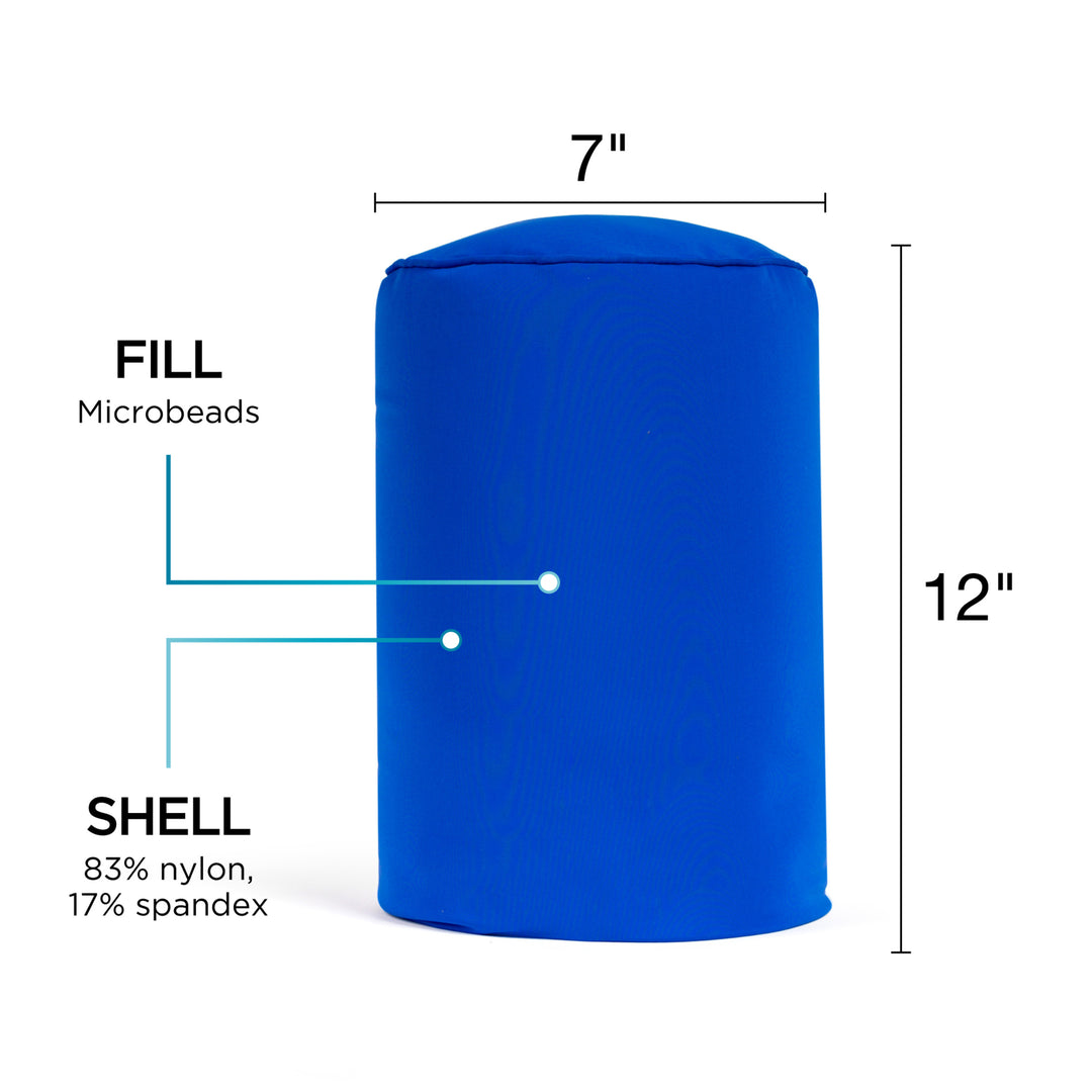 Blue cylindrical product with measurements and material details on a white background