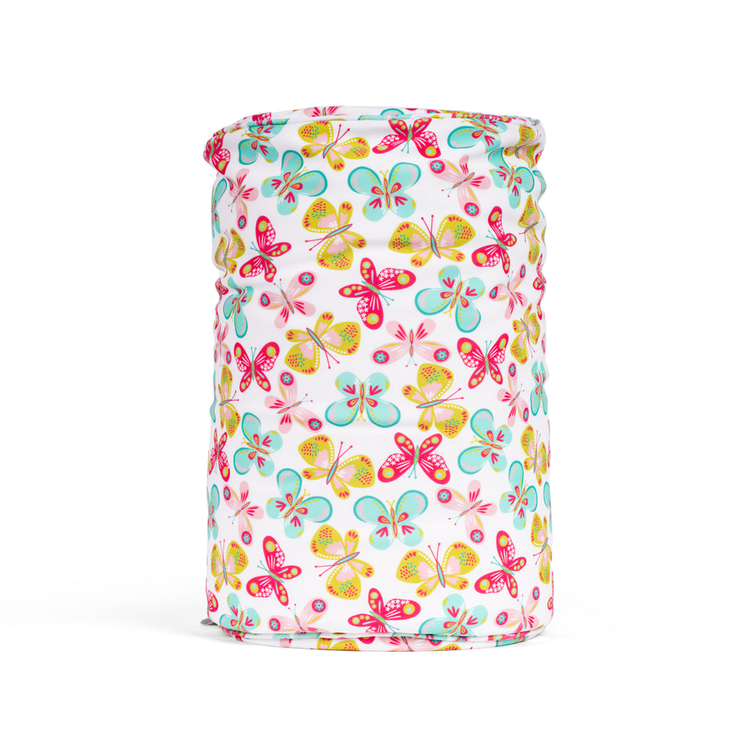 Cylindrical pillow with colorful butterfly pattern on a white background