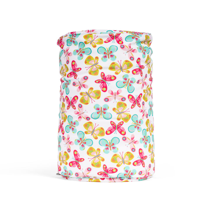 Cylindrical pillow with colorful butterfly pattern on a white background