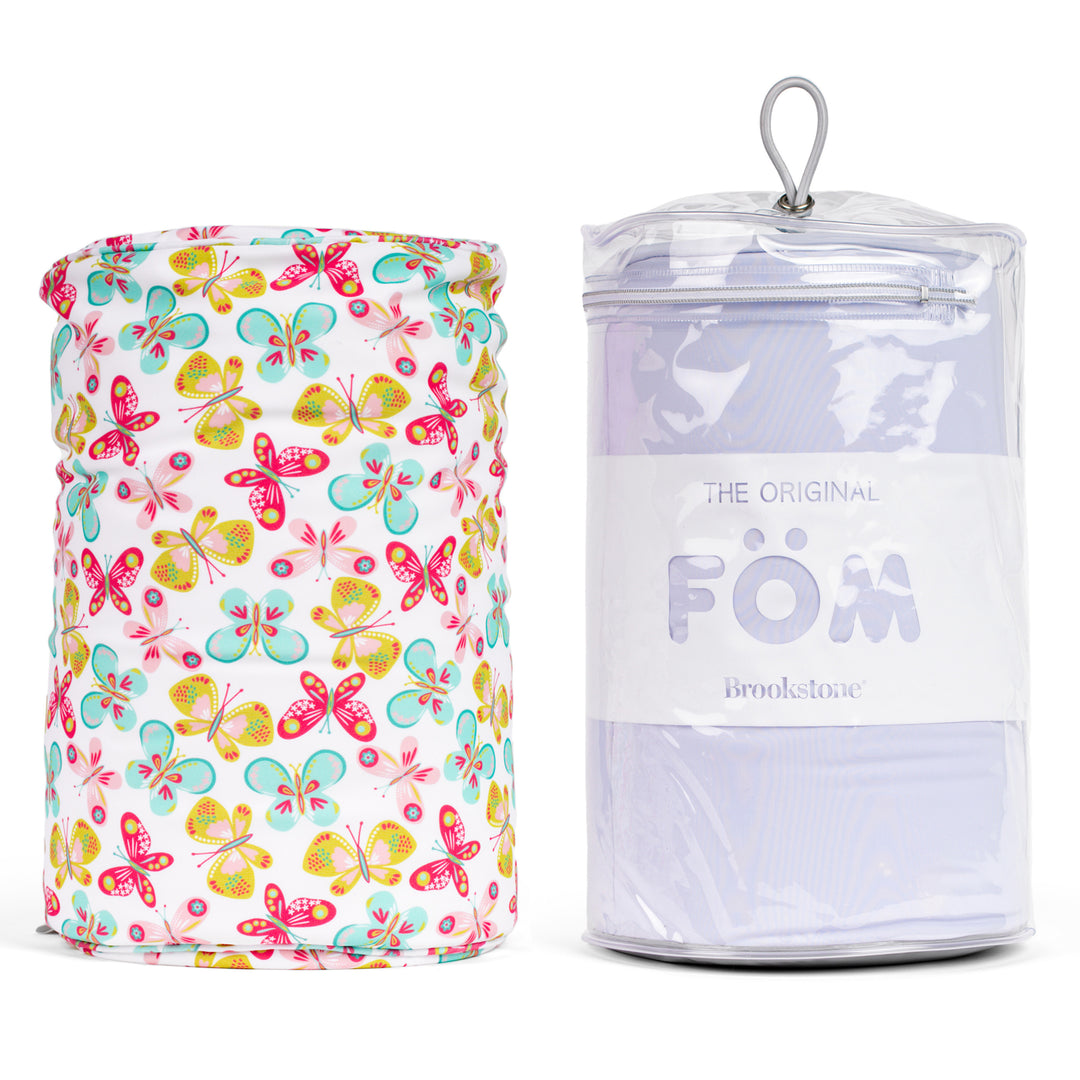 Bags, one with a colorful butterfly pattern and the other clear with 'FOM' branding.