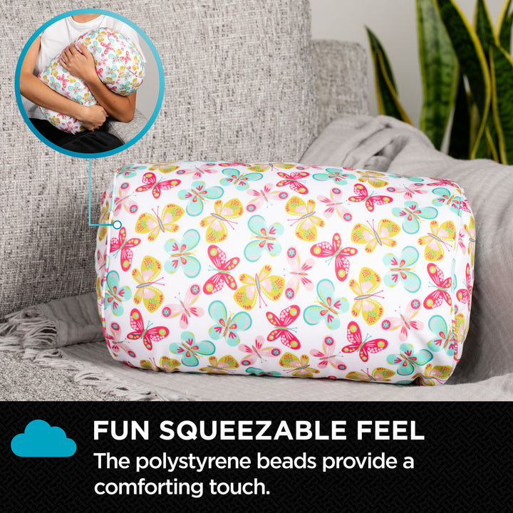 Polystyrene bead roller with butterfly pattern on a couch, labeled 'Fun Squeezable Feel'.