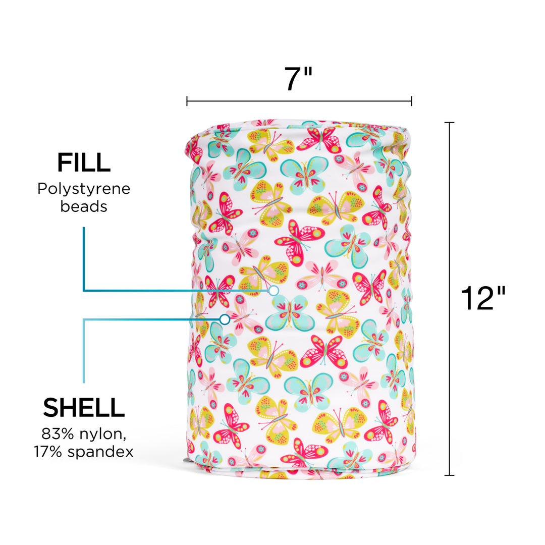 Colorful butterfly-patterned product with dimensions and material information on a white background