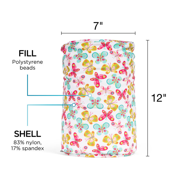 Colorful butterfly-patterned product with dimensions and material information on a white background