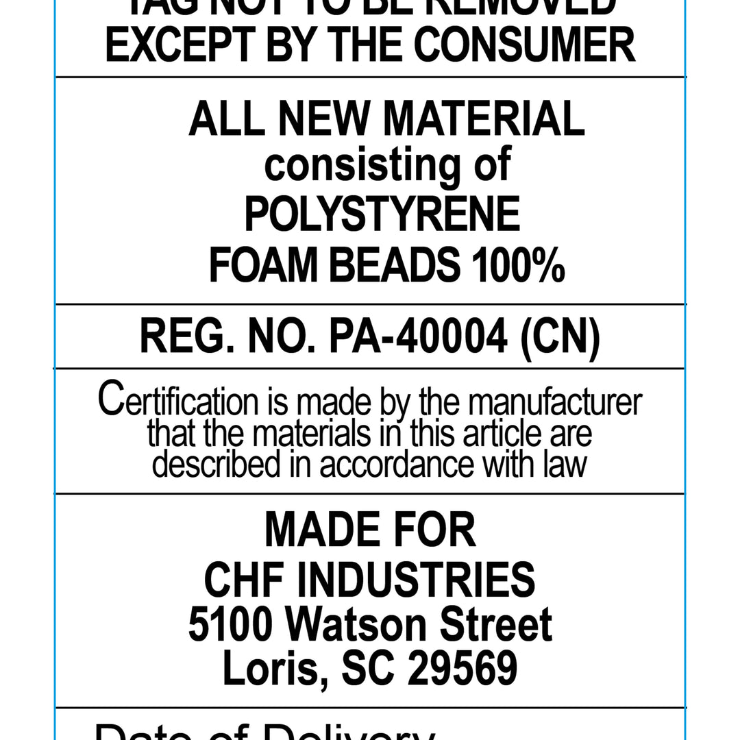 Label with text about polystyrene foam beads and manufacturing details.