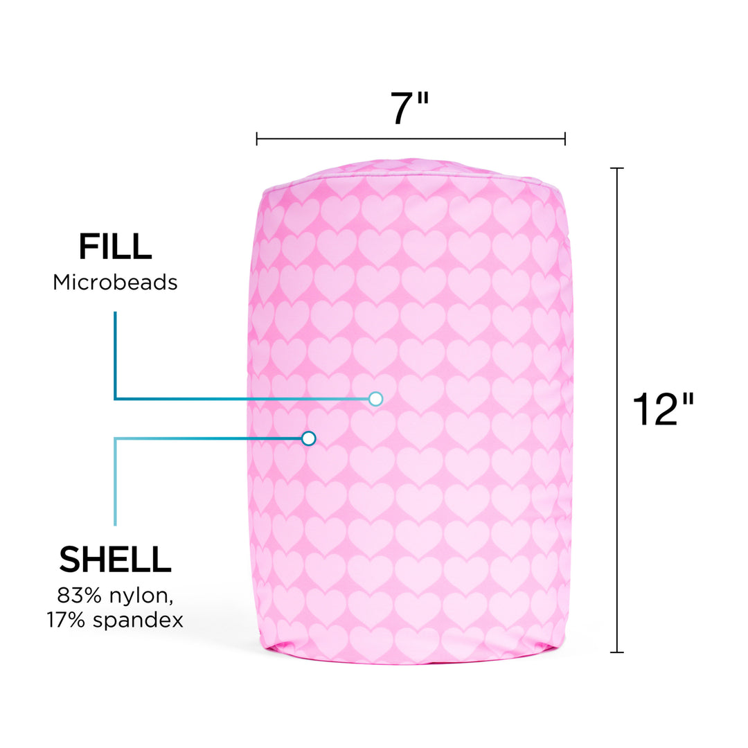 Pink microbead pillow with measurements and material details on a white background