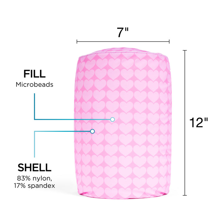 Pink microbead pillow with measurements and material details on a white background