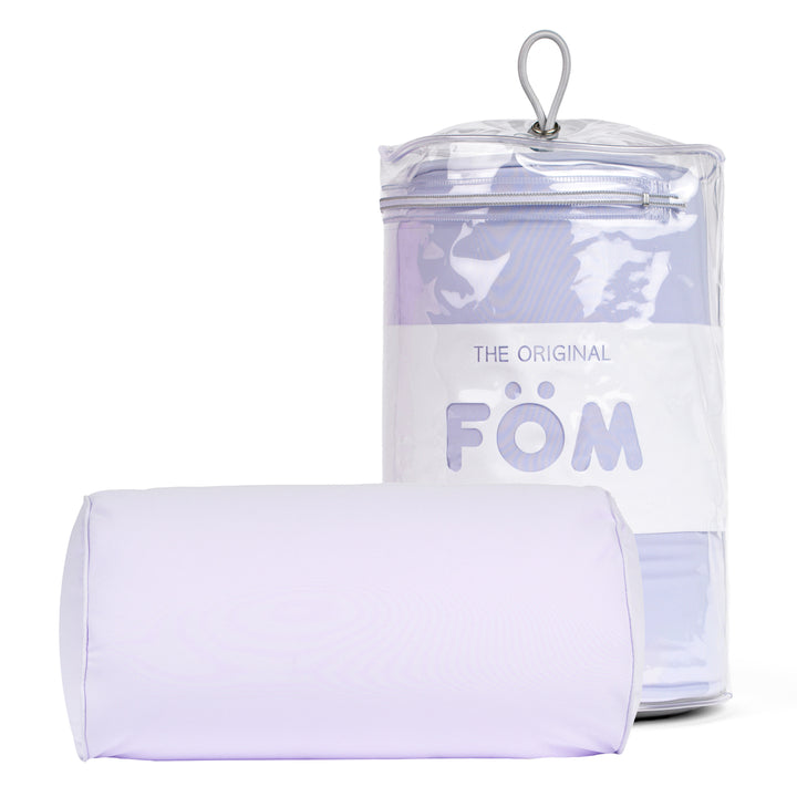 Purple pillow with clear container labeled 'Föm' on a white background