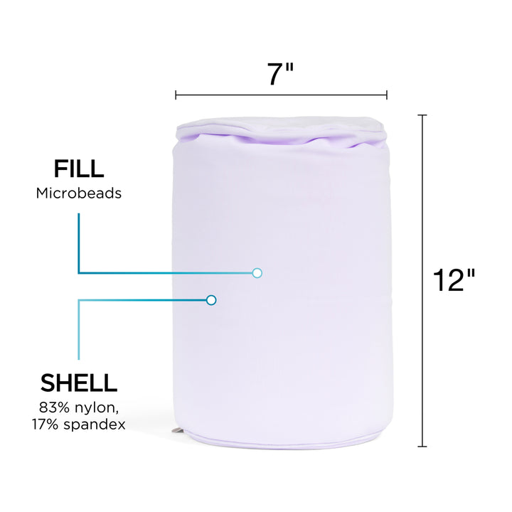 Purple pillow with measurements and material details on a white background