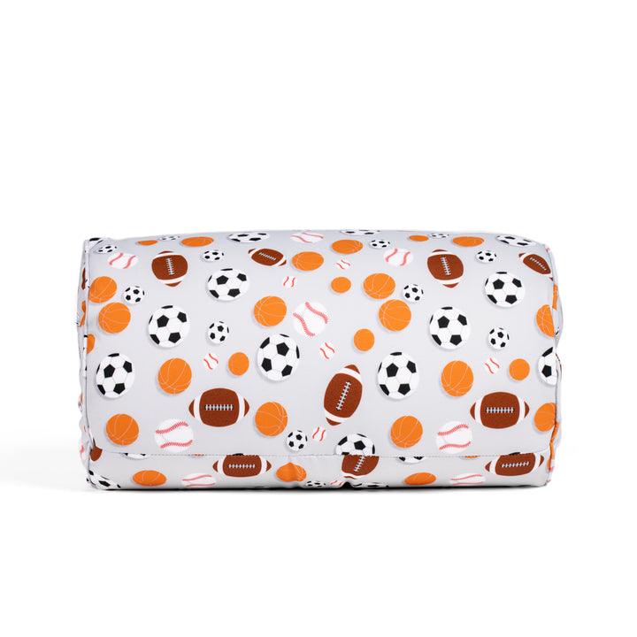 Pillow with sports-themed pattern on a white background