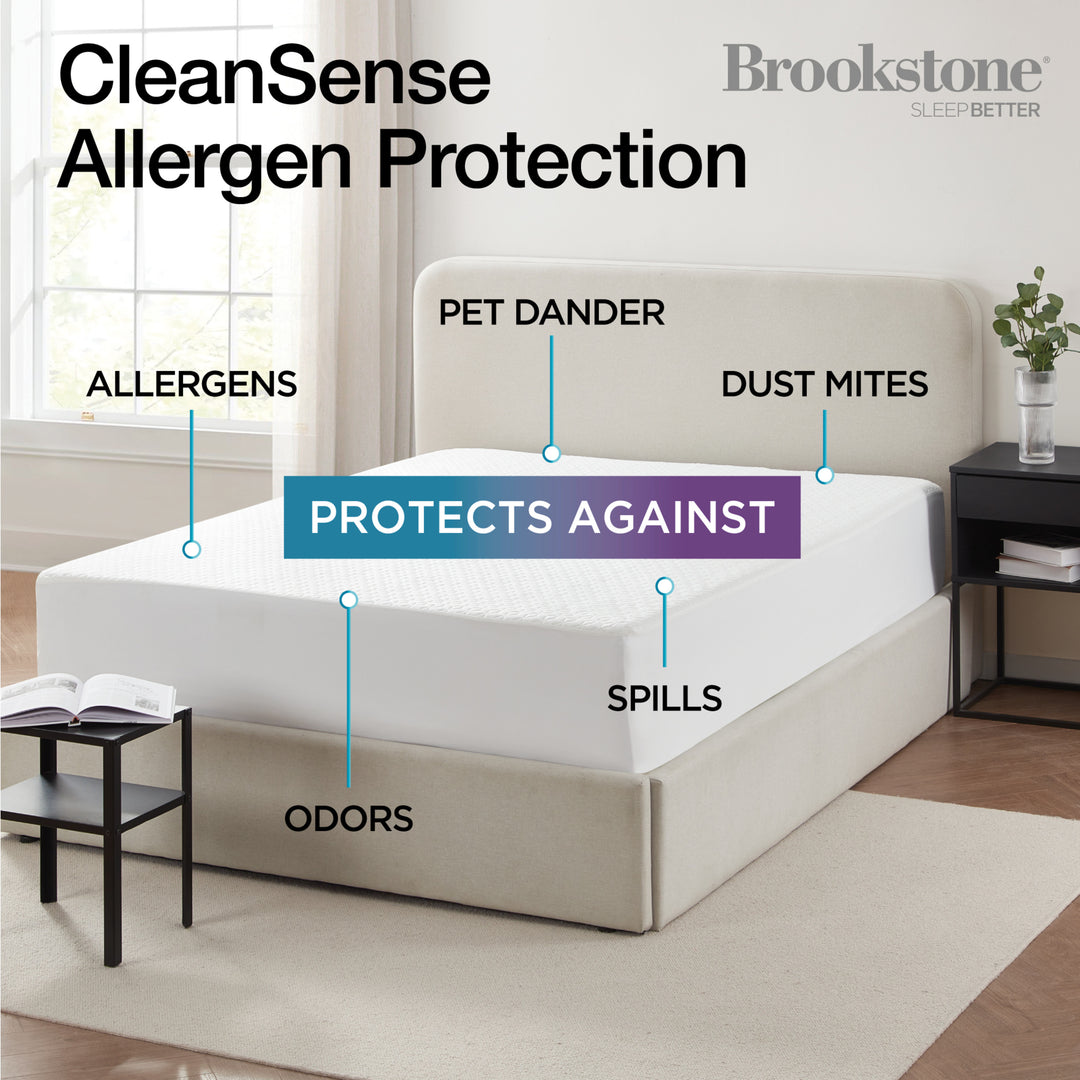Mattress with CleanSense Allergen Protection features labeled, including allergens, pet dander, dust mites, spills, and odors, with Brookstone branding.