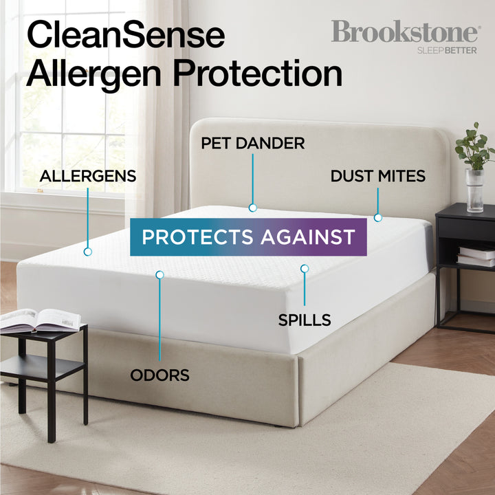 Mattress with CleanSense Allergen Protection features labeled, including allergens, pet dander, dust mites, spills, and odors, with Brookstone branding.