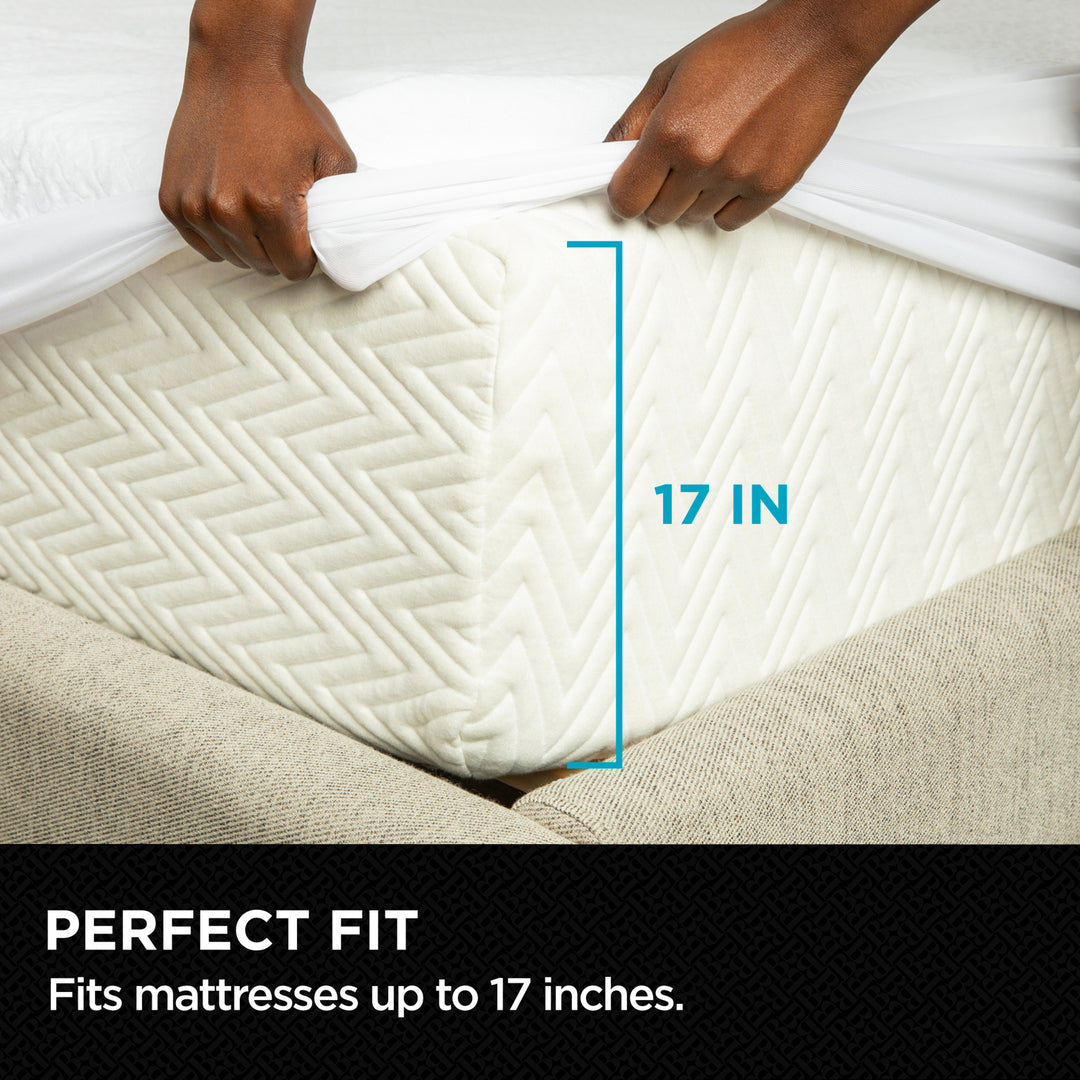 Mattress topper with dimensions and text indicating perfect fit for mattresses up to 17 inches.