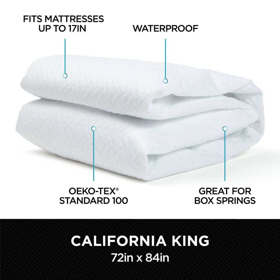 White mattress protector with features highlighted on a white background