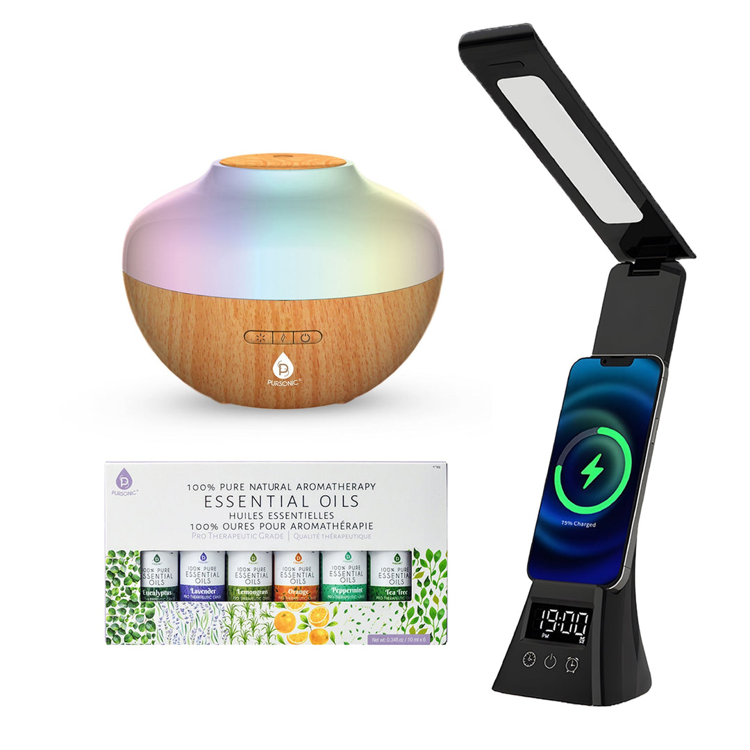 Adjustable Desk Diffusers Workstation Wellness Bundle – Diffuser, 6 Oils & 3-in-1 LED Desk Lamp ...