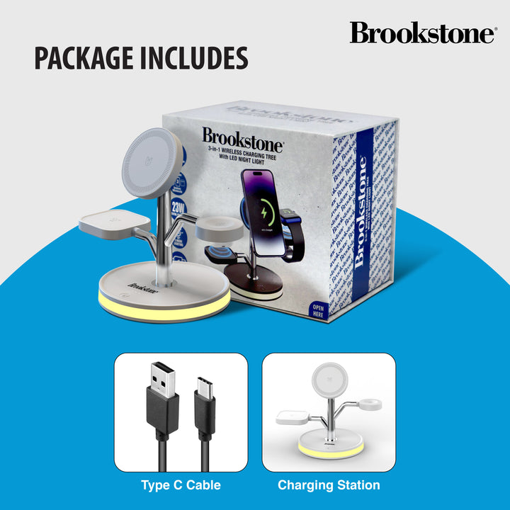 Brookstone 3-in-1 Wireless Charging Station Magnetic Charging Fast Wireless Charger Stand for iPhone 15,14,13,12 Pro Max Series, All iWatch Series & Android Phone with Qi Charging