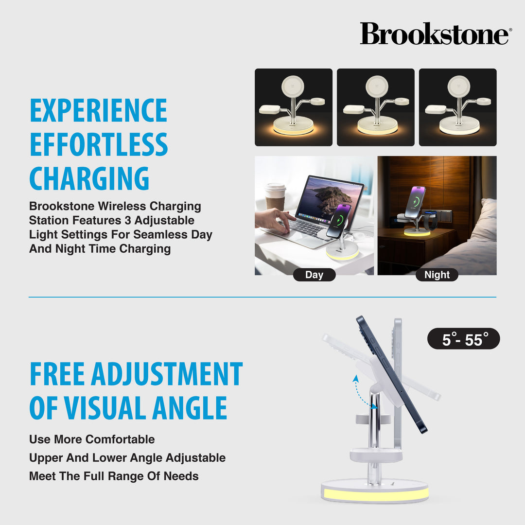 Brookstone 3-in-1 Wireless Charging Station Magnetic Charging Fast Wireless Charger Stand for iPhone 15,14,13,12 Pro Max Series, All iWatch Series & Android Phone with Qi Charging