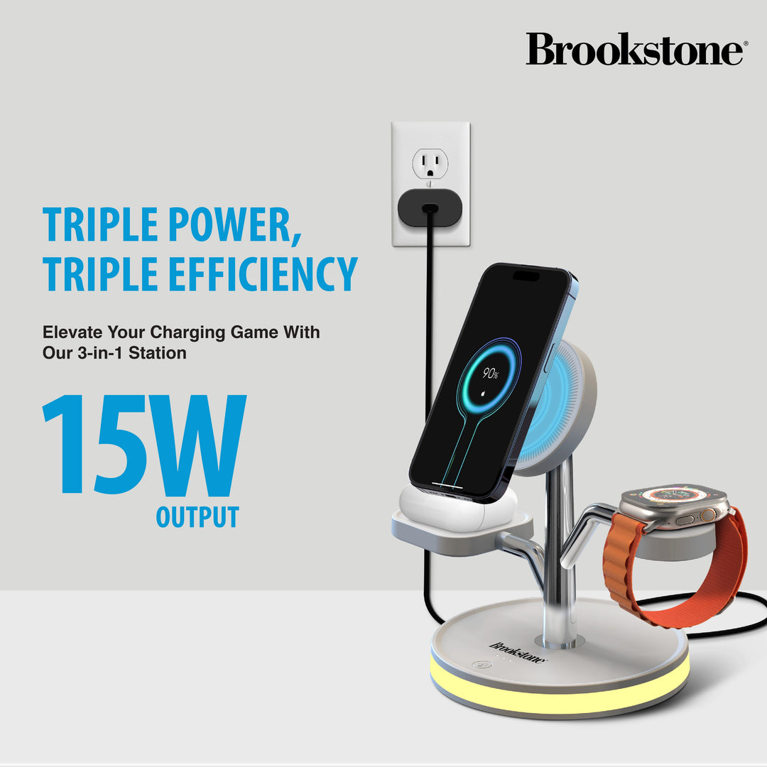Brookstone 3-in-1 Wireless Charging Station Magnetic Charging Fast Wireless Charger Stand for iPhone 15,14,13,12 Pro Max Series, All iWatch Series & Android Phone with Qi Charging
