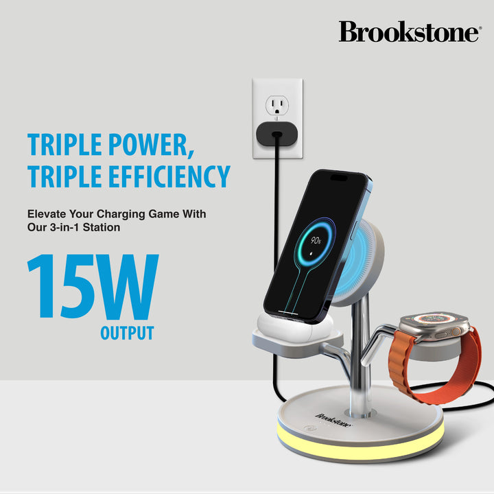 Brookstone 3-in-1 Wireless Charging Station Magnetic Charging Fast Wireless Charger Stand for iPhone 15,14,13,12 Pro Max Series, All iWatch Series & Android Phone with Qi Charging