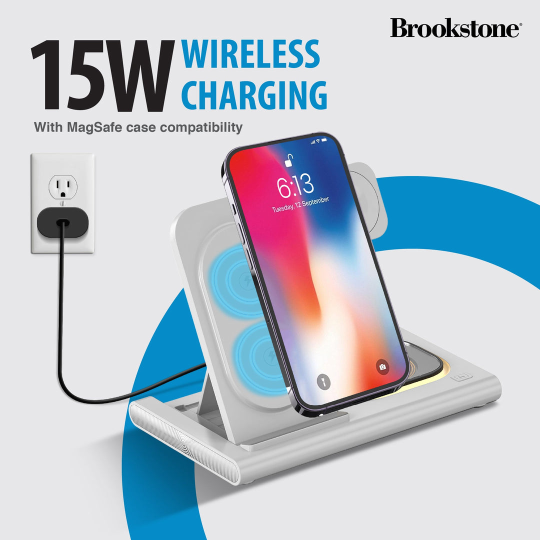 Brookstone 3-in-1 Wireless Charger Stand Fast Charging Station for iPhone 15,14,13,12 Pro Max Series, All iWatch Series, | iPhone Wireless Charging Station…