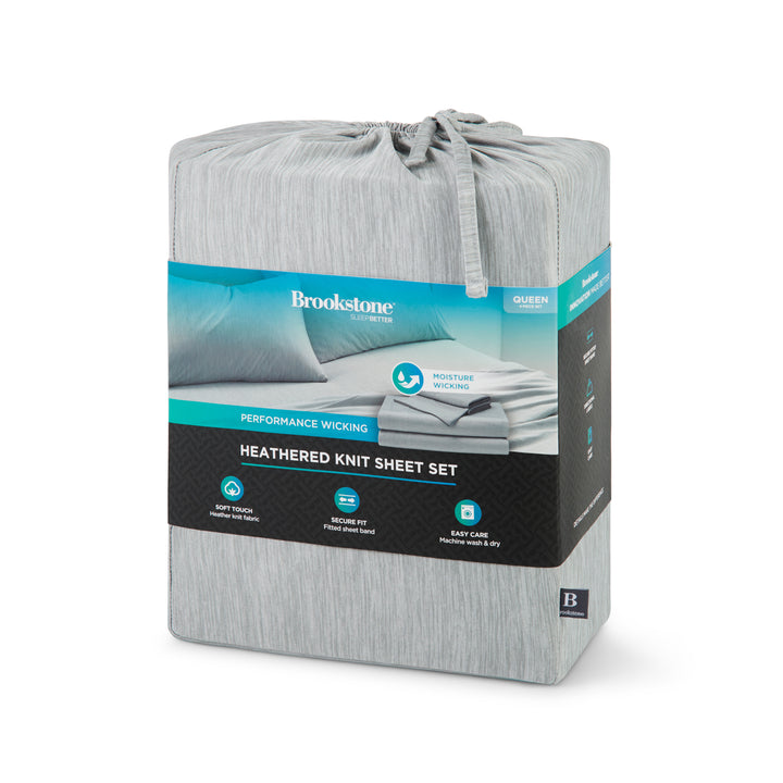 Brookstone heathered knit sheet set packaging on a white background
